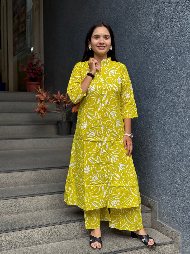 BRIGHT YELLOW FLORAL COTTON DROP OFFER KURTA