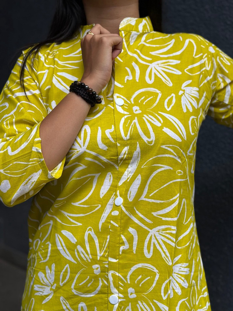 BRIGHT YELLOW FLORAL COTTON DROP OFFER KURTA
