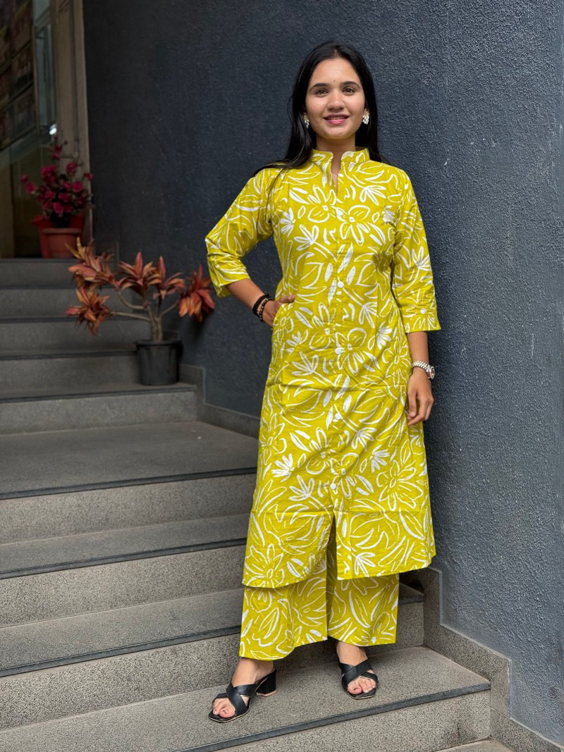 BRIGHT YELLOW FLORAL COTTON DROP OFFER KURTA