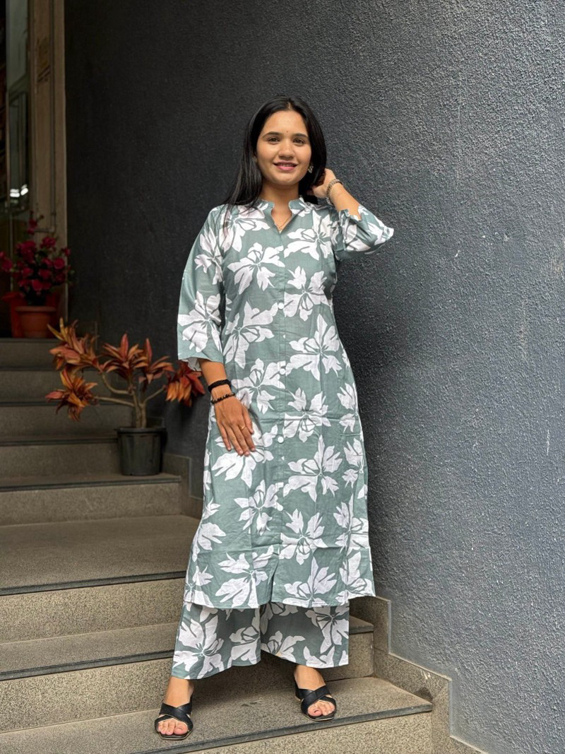 CHIC GREEN FLORAL COTTON DROP OFFER KURTA