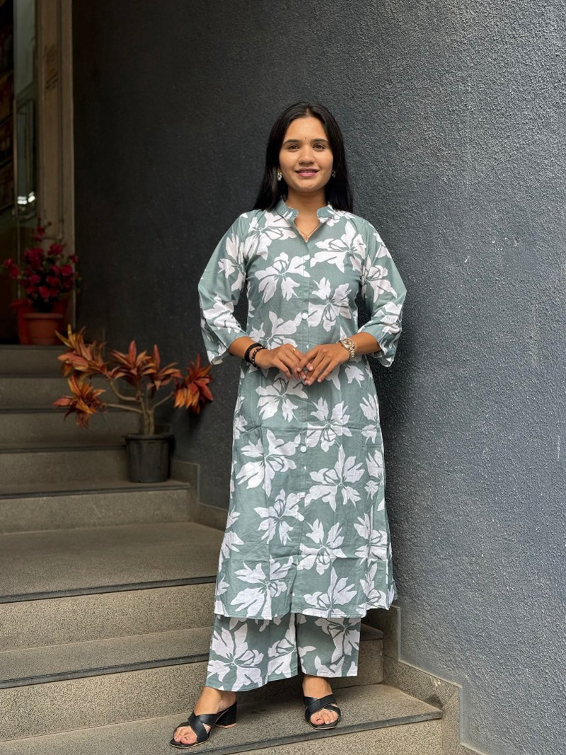CHIC GREEN FLORAL COTTON DROP OFFER KURTA