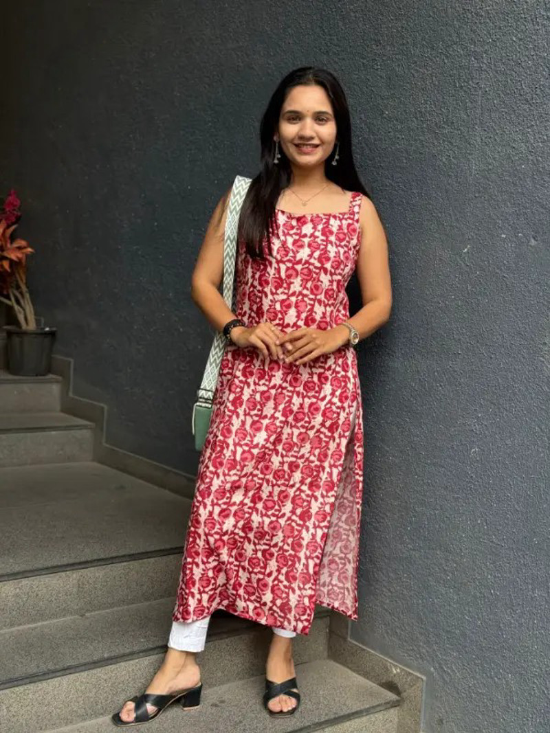 FLORAL PRINT RED KURTI WITH SIDE SLITS