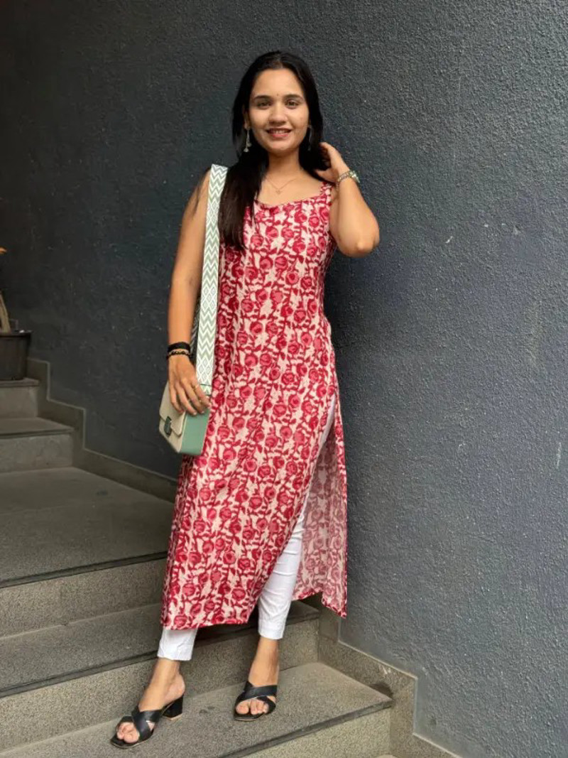 FLORAL PRINT RED KURTI WITH SIDE SLITS