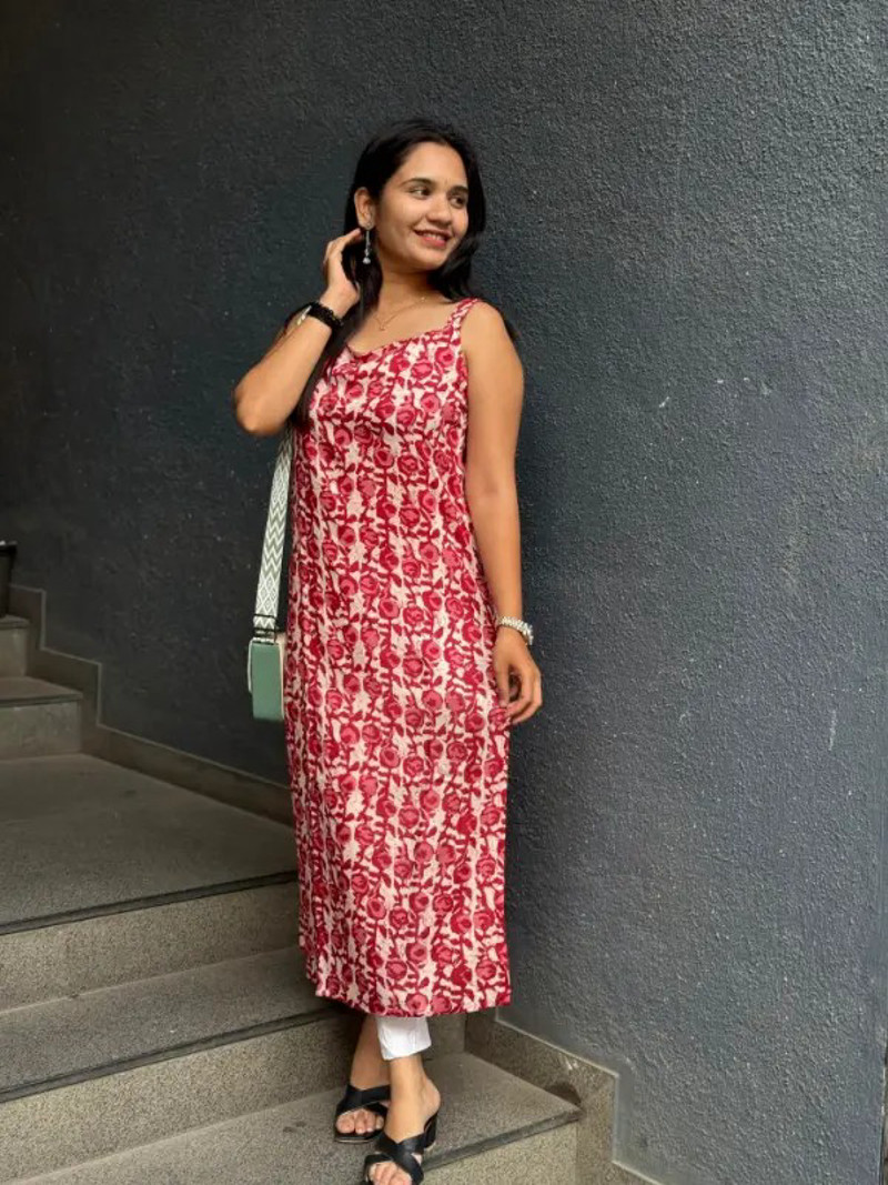 FLORAL PRINT RED KURTI WITH SIDE SLITS