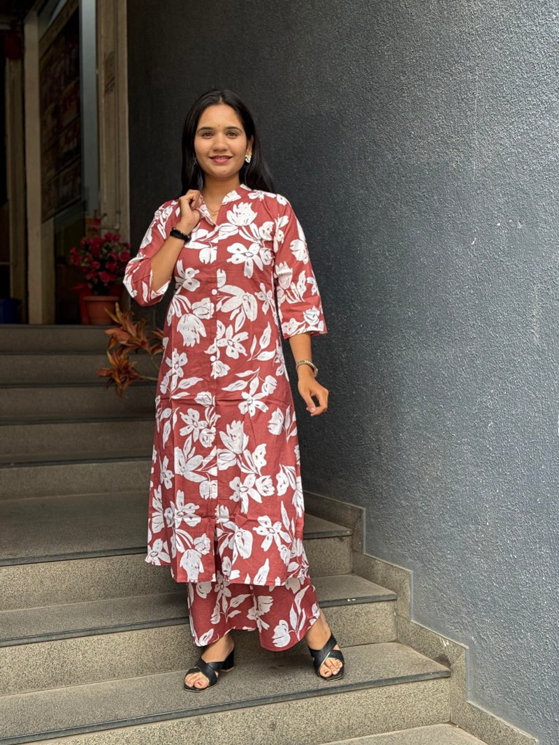 MAROON FLORAL COTTON KURTI WITH LAYERED HEM