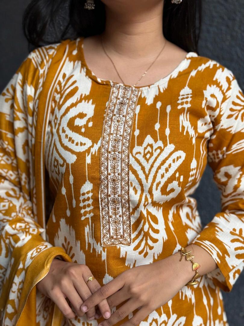 Mustard Ikat Cotton Suit Set