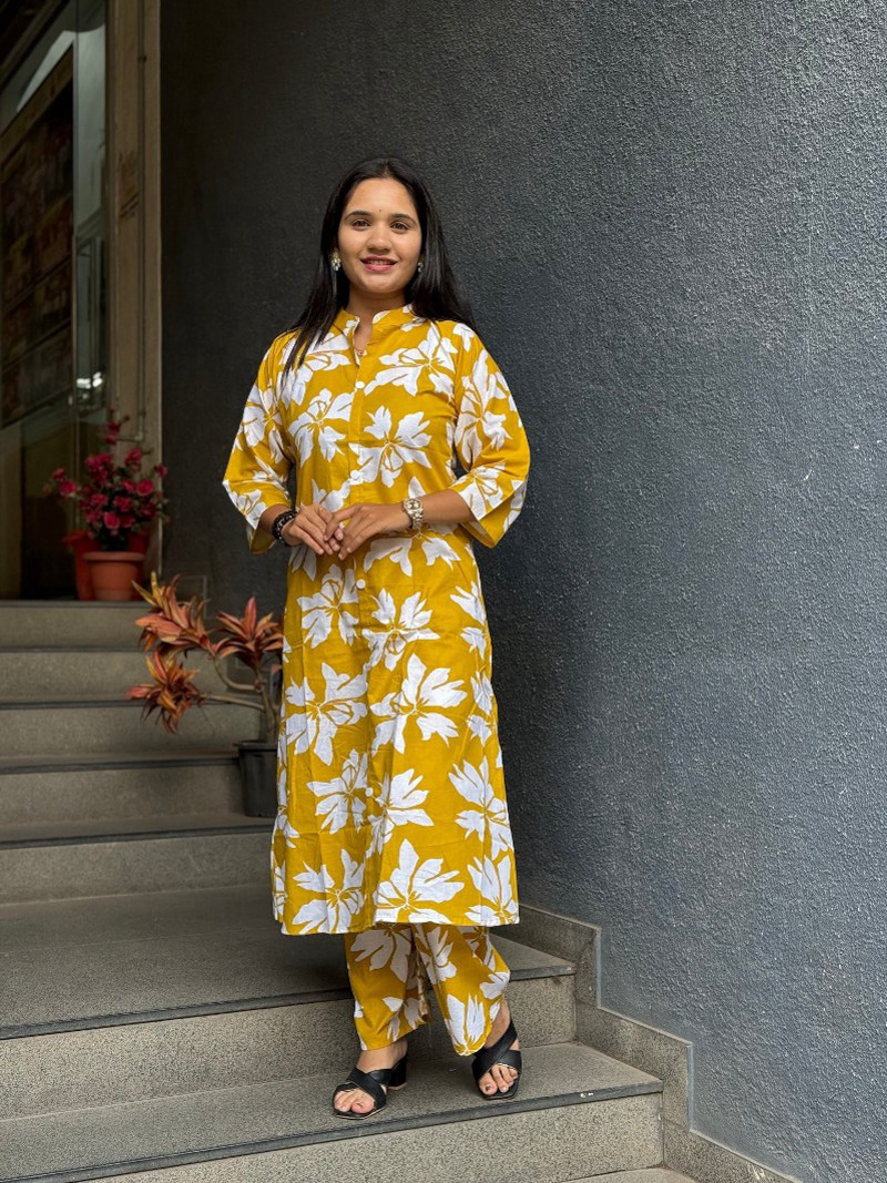 SUNNY MUSTARD FLORAL PRINTED COTTON SUIT SET