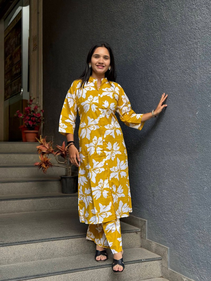 SUNNY MUSTARD FLORAL PRINTED COTTON SUIT SET