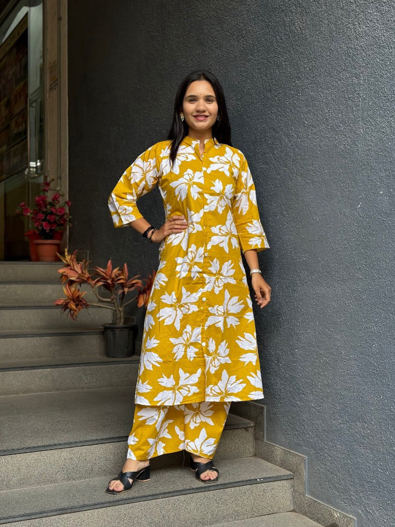 SUNNY MUSTARD FLORAL PRINTED COTTON SUIT SET