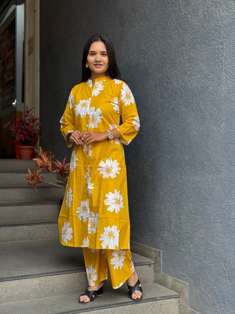VIBRANT YELLOW FLORAL COTTON KURTA SET