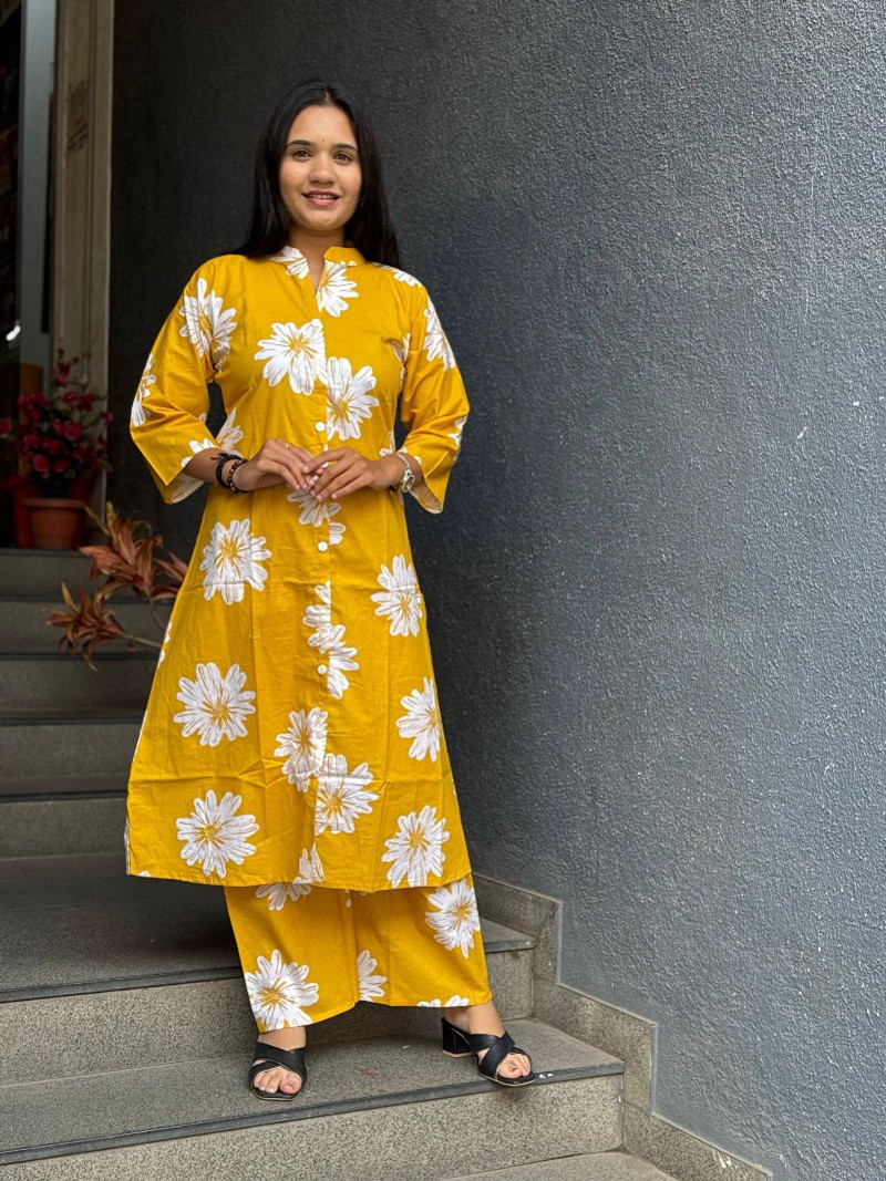 VIBRANT YELLOW FLORAL COTTON KURTA SET