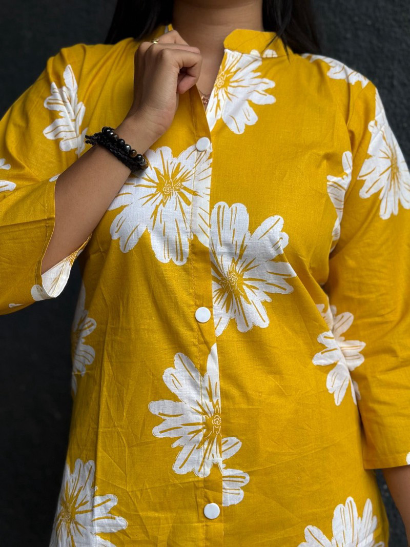 VIBRANT YELLOW FLORAL COTTON KURTA SET